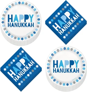Happy Hanukkah Holiday Party Royal Blue and White Paper Dessert Plates and Bever - Picture 1 of 5