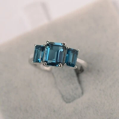 Natural London Blue Topaz Ring 925 Sterling Silver 3 Emerald Cut Stone Ring - Image 1 of 4