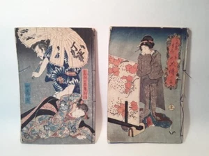 Par de libros Ukiyoe japoneses impresos en bloques de madera Meiji - Imagen 1 de 11