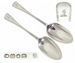 Antique Victorian 1838 Pair of Sterling Silver Dessert Spoons Old English Bead - Picture 1 of 10