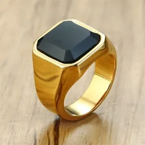 16.5*17MM Black Agate Band Stainless Steel Men's 18K Gold Silver Ring Size 7-12 - Picture 1 of 12