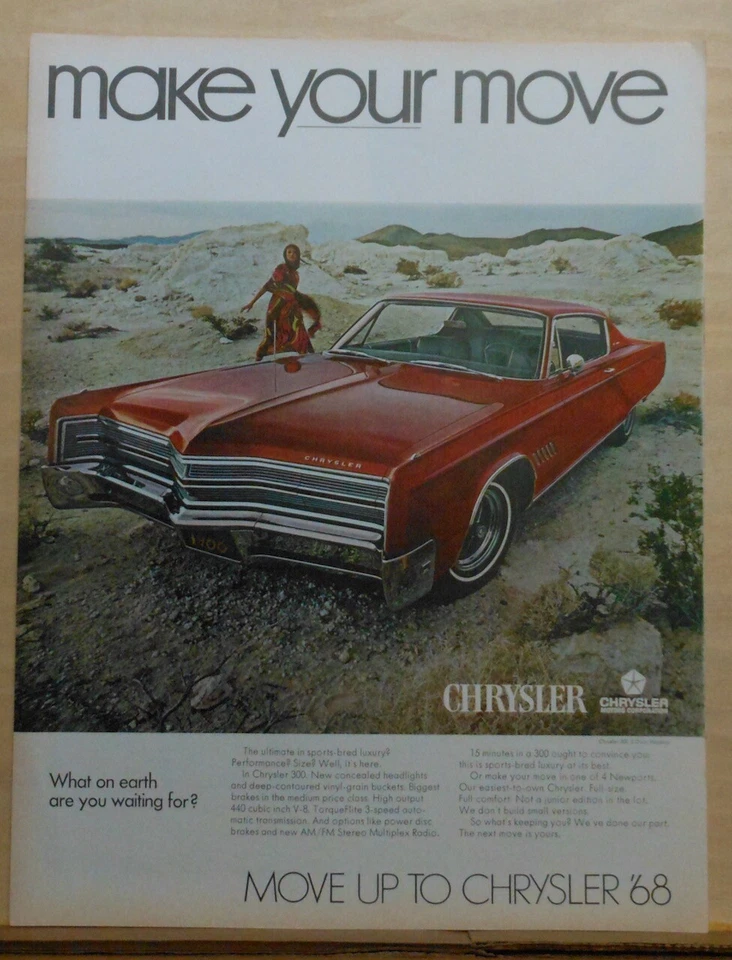 1967 magazine ad for Chrysler - red 1968 Chrysler 300 in the desert - Image 1 of 1