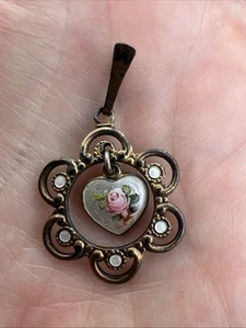 Vintage Sterling Silver Norway Guilloche Heart Necklace W Flower Dangle - Picture 1 of 6