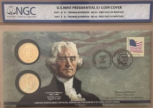2007 P&D Thomas Jefferson Presidential Dollar Coin Cover NGC MS66/MS65 FDOI - Picture 1 of 2