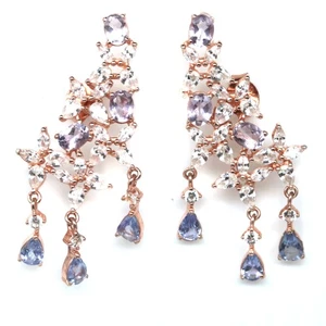 925 Sterling Silver 3 x 4 mm. Blue Tanzanite & Cubic Zirconia Earrings - Picture 1 of 4