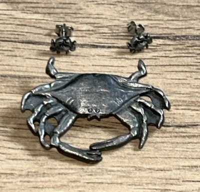 Juego de broches y postes de metal peltre cangrejo azul vintage Foto 1 de 4