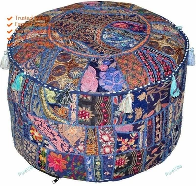 Indian Floral Ottoman Yoga Pouf Cover Footstool Pouffe Ethnic Decor - Image 1 of 4