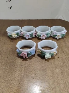 New With Tags Napkin Ring Holder 6 Count Raised Flowers Octagon Shape Porcelain - Picture 1 of 12