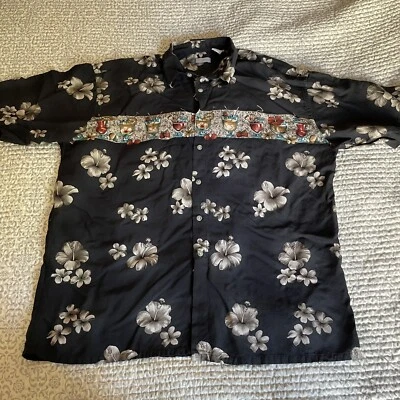 Vtg Hawaiian Shirt Tropical Drinks Floral Mens Sz XL Black Rayon Half Moon Bay - Image 1 of 3