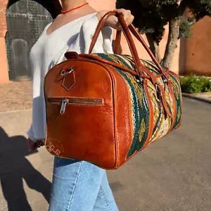Elegante Bolso de Viaje de Cuero con Kilim Verde, Bolso de Fin de Semana de Cuero Marrón - Imagen 1 de 9