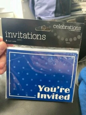 Celebrations 8ct. You're Invited Cobalt Blue Polka Dot Invitations New!!! - Image 1 of 2
