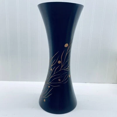 Jarrón vintage de mango tallado con patrón floral de 14" de alto 6” de ancho negro tiffin Foto 1 de 4