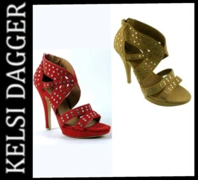 Kelsi Dagger Rojo Tostado Tachonado Tiras Punta Abierta Plataforma Zapatos Tacones ~ 9.5 M3020 Foto 1 de 4