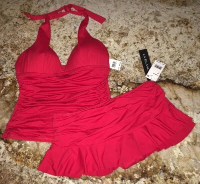 LA BLANCA Island Goddess Halter Ruched Lipstick RED Skirtini Swim Suit Womens 4 - Image 1 of 4