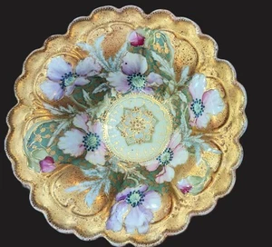 Vtg Nippon Handpainted bowl 9.5" x 2" Scalloped edge gold lavender iris flowers - Picture 1 of 7
