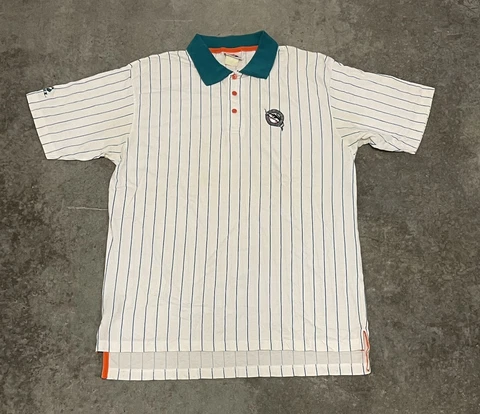 Men’s Vintage Florida Marlins Striped Short Sleeve Polo Adult Size Large Cover