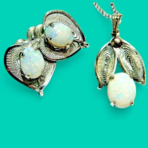 JUEGO COLLAR PENDIENTES PLATA ESTERLINA ÓPALO VINTAGE FILIGRANA CORAZÓN COLGANTE 925 B2 - Imagen 1 de 10