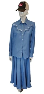 Set Camicetta Gonna Denim Vintage Rockmount Ranch Wear Sm to Med Western Leggi Difetto - Foto 1 di 22