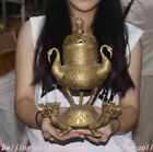 11.2" China bronze Gilt FengShui Lucky Dragon turtle crane incense burner censer