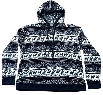 Cuddl Duds womens medium fleece top hoodie black white pattern pajama lounge - Image 1 of 4