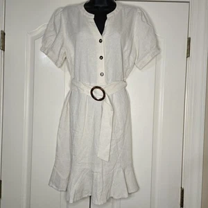 Nuevo con etiquetas Vestido Monteau Grande Manga Corta Botón Cuello en V Lino Mezcla Rayón Midi Marfil - Imagen 1 de 10