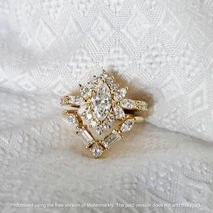Bridal Engagement Set 2Ct Marquise Lab Created Diamond 14K Yellow Gold Plated - Picture 1 of 7