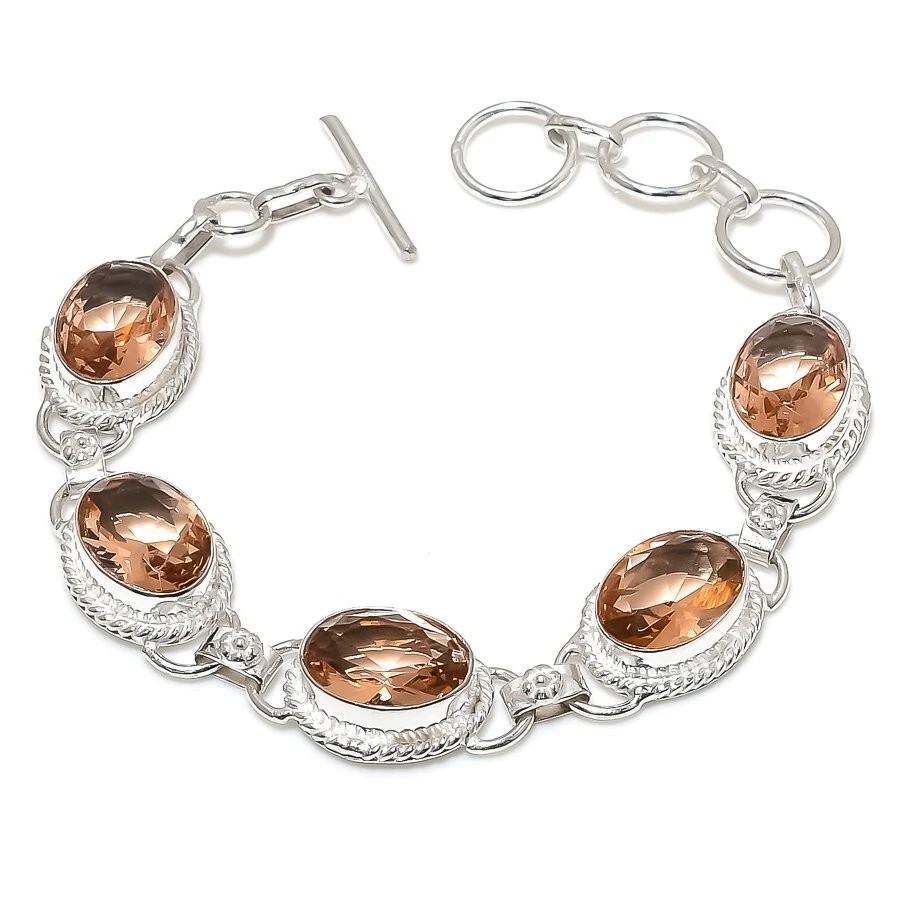 Brazalete Joyería Plata de Ley 925 Hecho a Mano Piedras Preciosas Morganita Melocotón Talla 7-8 Foto 1 de 1