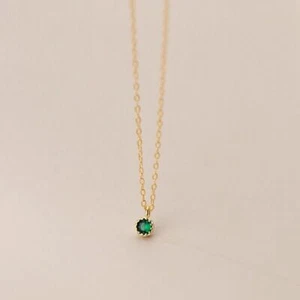 Sterling Silver Necklace with Tiny Round Green CZ Prong Pendant A5317 - Picture 1 of 7