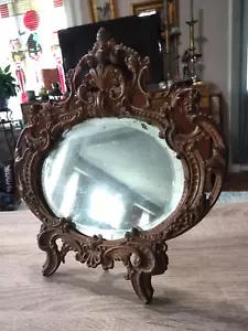 Antique vintage 1910s beveled edge ornate metal kickstand vanity mirror - Picture 1 of 11