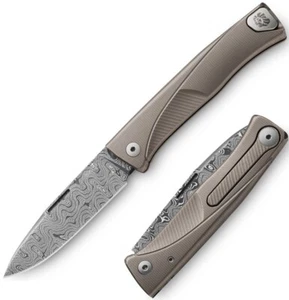 LionSTEEL Thrill Folding Knife 3.13" Damascus Steel Blade Gray Titanium Handle - Picture 1 of 9
