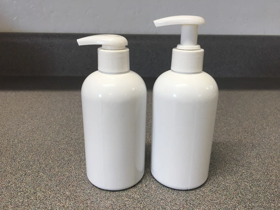 **SOLD OUT**   NEW 8 oz White PLASTIC Boston Round Bottle with Pump  $7.50-12.50 - Image 1 of 1