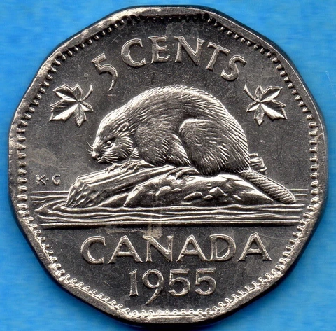Canada 1955 5 Cents Five Cent Nickel Coin - BU Uncirculated Lustrous Example Cover