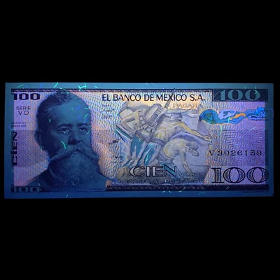 Billete mexicano de 100 pesos. Moneda colorida Revolución México 1982 UNC. Arte UV Foto 1 de 4
