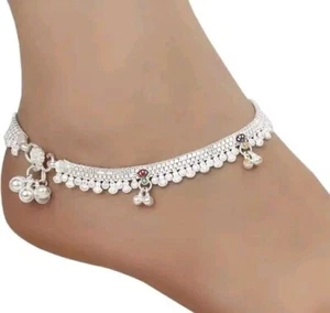 Ropa diaria de boda Kundan aspecto antiguo atractivo Ghungroo tobillera plateada circonita Payal - Imagen 1 de 4