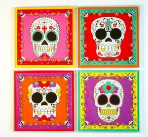 Sugar Skull Coaster Set with Holder Glass Bright Colors NIB - Picture 1 of 8