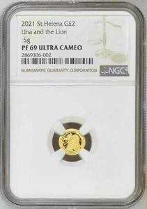2021 St Helena East India Una and the Lion £2 1/2g Gold Proof Coin NGC PF69 UC - Picture 1 of 5