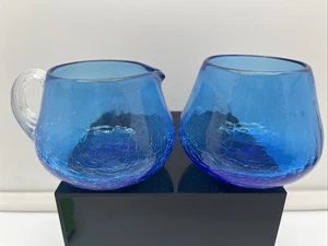 VINTAGE MCM BLUE CRACKLE GLASS CREAMER & OPEN SUGAR BOWL SET made in USA - Picture 1 of 12
