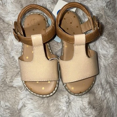 Cat & Jack Girls Shoes Size 7 – Glitter Tan Hook Strap Gold Dot Toddler NWT - Image 1 of 4