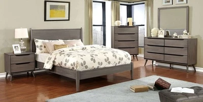 Juego de Dormitorio 5 Piezas Cómoda Cama King Oriental Espejo Mesita de Noche Juego de Cofre Acabado Gris Foto 1 de 4