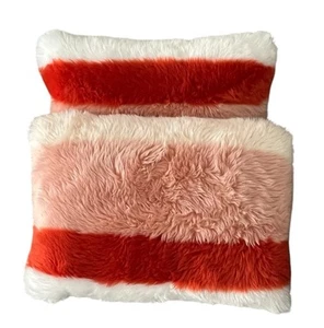 Anthropologie Set of Two Soft Faux Fur Rose Striped Decorative Pillows 14x20” - Picture 1 of 9