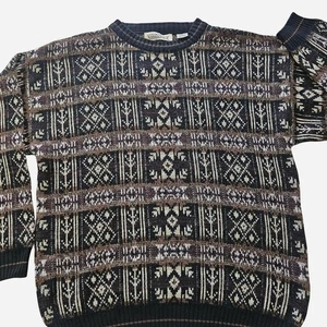 Vintage Grandpa Knit Sweater Lg Multicolor Crewneck Geometric 90s Natural Issue - Picture 1 of 6