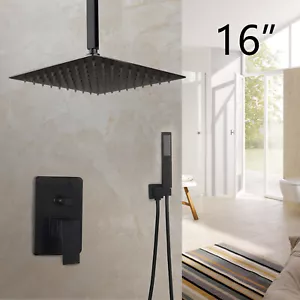 Black Ceiling Mounted 16"Bathroom Shower Head Faucets Set Hand Spray Mixer Taps - Bild 1 von 9