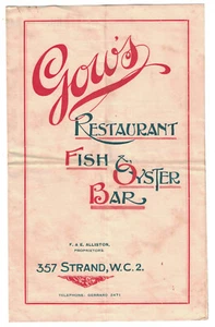 Gow's Restaurant Fish & Oyster Bar 1921 Menú Londres Manuscrito - Imagen 1 de 4