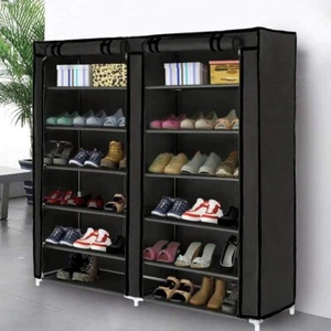 Shoe Rack Storage Organizer 7-Tier Cabinet Tower Non-Woven Fabric Cover Black - Picture 1 of 7