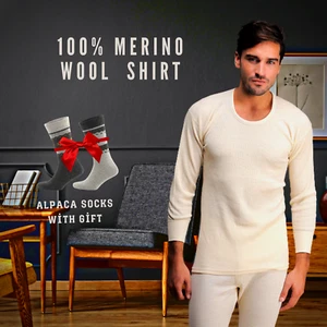 Men's Warm Long Sleeve Top - 100% Merino Wool - Thermal Underwear Base Layer - Picture 1 of 10