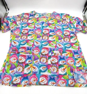 Snowman Christmas Winter Holiday Womens Scrub Top Landau Bright Multicolored - Picture 1 of 7