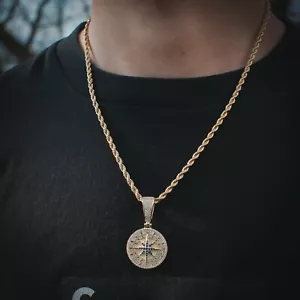 Collana Ciondolo Bussola Zirconia Ghiaccia con Catena Corda Tennis Oro Giallo - Foto 1 di 3