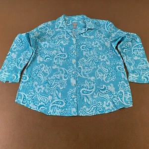 Chico's Women's Size XL Blue Striped Floral Print Long Sleeve Button Front Shirt - Picture 1 of 8