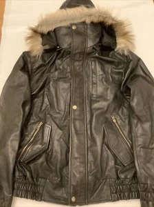 Womens Black Real Leather Bomber Jacket With detachable Hood Size XL - Picture 1 of 11