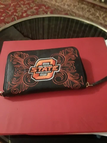 Oklahoma State University Wristlet Black Leather Embroidered Logo Cover